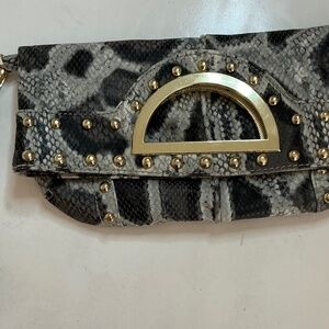 Chinese Laundry  faux snakeskin fold over clutch with brass studs and handle